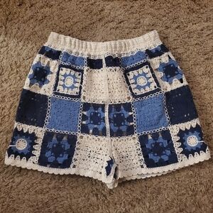 Rebellion Blue + Cream Crochet Shorts - Size Xs